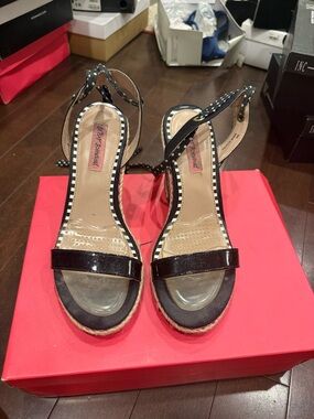 Betsey Johnson Black Ankle-Tie Wedge Sandals with Striped Trim